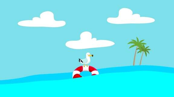 卡通海鸥站在一个漂浮在海浪之间的救生圈上远处有一个岛屿