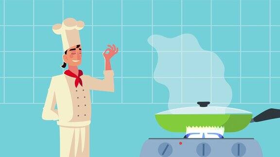 厨师工作者与平底锅烹饪动画