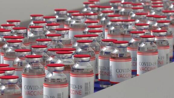 新型冠状病毒疫苗实验室批量生产带品牌标签的瓶子在药物输送机上移动3d渲染