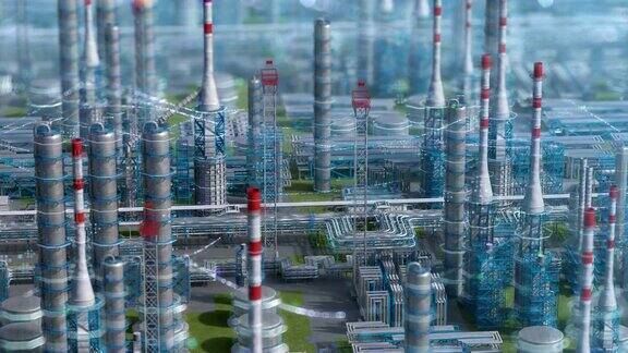 石油和天然气炼制工厂工厂用化学式设计轨道视图离焦镜头工业石油区钢管钢和储油罐无人机飞植物射击生成的3d图像