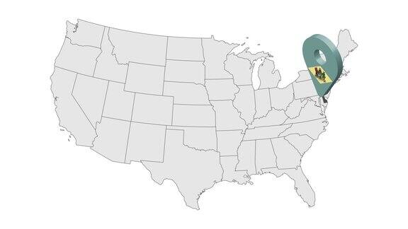 美国地图上特拉华州的位置3d特拉华州旗地图标记位置引脚美利坚合众国的地图显示了不同的州动画地图美国各州4k视频
