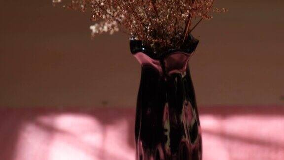 黑瓶干花桃色中性背景投下阴影简约现代的室内装饰理念侘寂风格美学