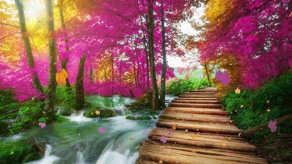 在普里特维茨湖的木路视频克罗地亚幻想树叶的颜色