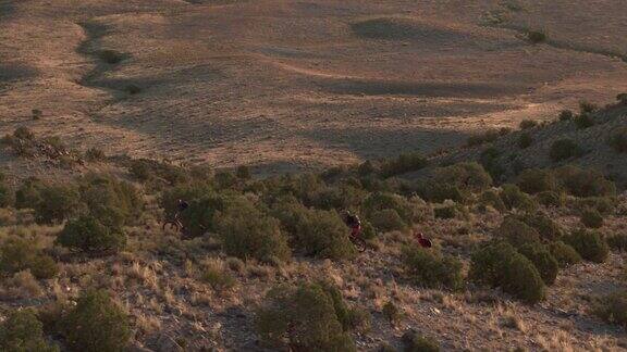 四个骑山地自行车的人在沙漠山上
