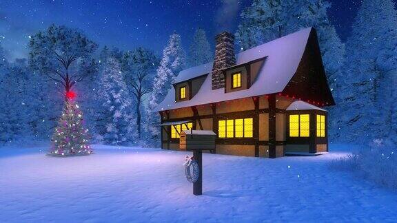 照亮舒适的乡村房子和圣诞树在雪夜