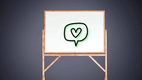 动画的一个图标一个语音气泡与心脏闪烁在白板上的灰色背景