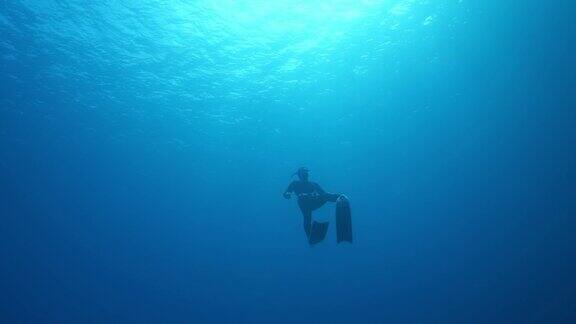 水下的细节拍摄潜水员在海洋中游泳