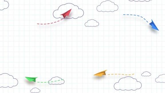 学校笔记本背景3d在天空中飞着黄色、红色和蓝色的纸飞机还有手绘的云无缝循环卡通儿童飞机在空中动画回到学校帧4k视频