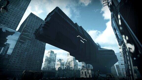 未来主义的货运飞船降落在科幻城市三维渲染