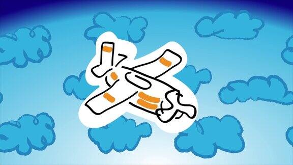 卡通小飞机在蓝天白云中飞翔带有黄色条纹的白色飞机儿童写意绘画风格儿童艺术在移动:云马达飞机二维动画循环视频