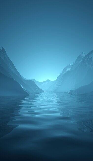 垂直蓝色朦胧3D渲染地形景观与循环平静的水