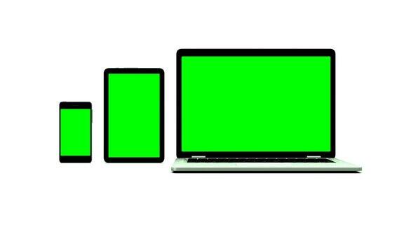 绿色屏幕的现代笔记本电脑、平板电脑和智能手机白色背景上的动画绿色屏幕和alpha通道