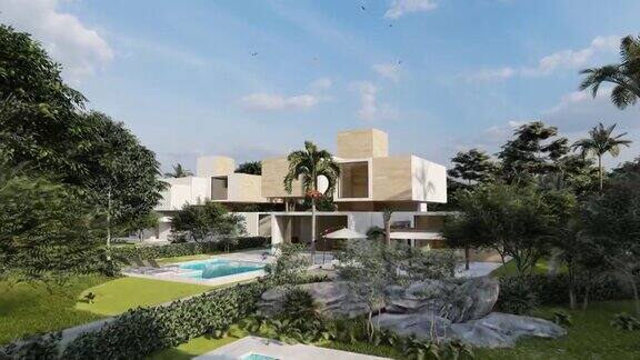 带有游泳池和热带花园的现代立方住宅
