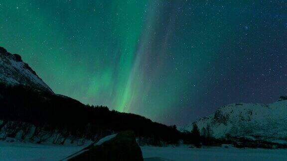 北极光(北极光)在挪威北部冬季罗浮敦群岛上空的夜空中的时间推移剪辑
