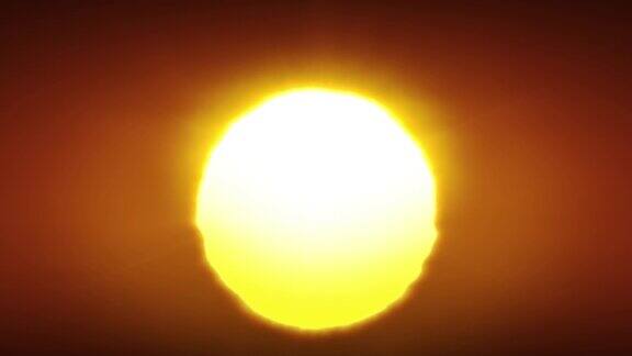 美丽清晰的大日出(日落)特写循环动画大红热太阳在热空气扭曲的地平线上无缝