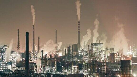 石化装置及炼油工业夜间鸟瞰图