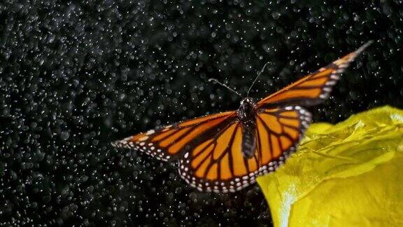 在大雨中蝴蝶从黄玫瑰上飞走了