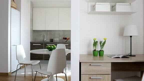 4k斯堪的纳维亚风格的现代公寓内部配备厨房和工作场所运动全景
