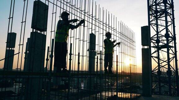 夕阳建筑工地工程师在制作金属骨架