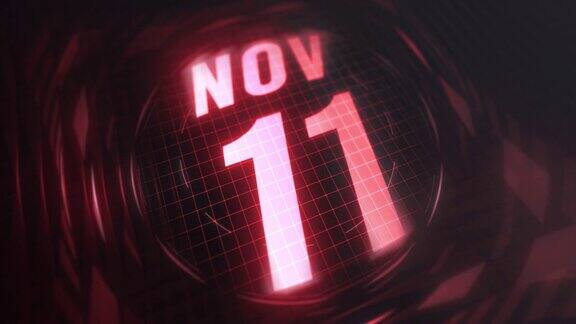 11月11日的3d动画红外线日历在未来和科技发光霓虹灯拍摄纪念在led等4k循环