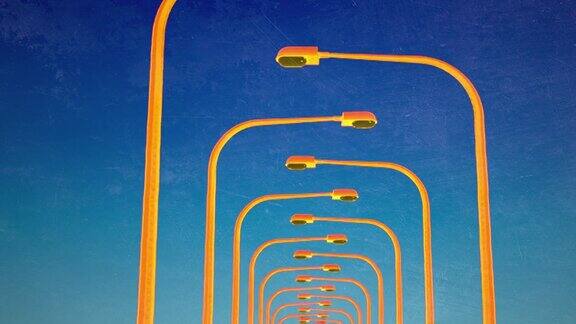 摄像机在黄色的街灯柱子间盘旋抽象的三维动画