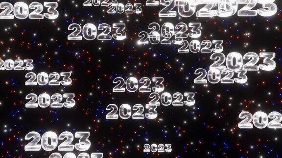白色霓虹拜年2023文字落下空间与闪烁的星星循环3d渲染概念庆祝2023年新年背景符号下降