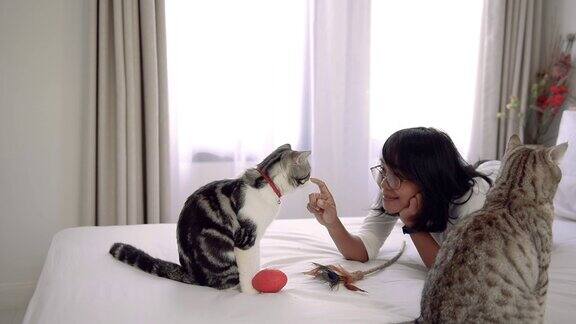 亚洲妇女在白色的床上和她的猫玩羽毛
