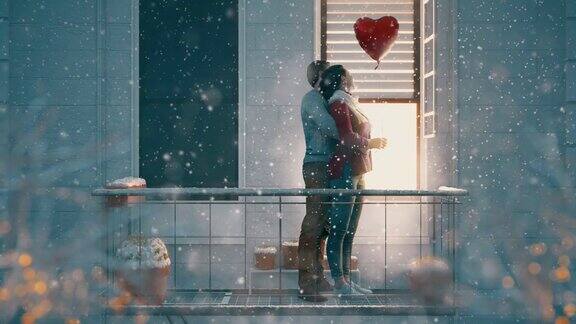 一对情侣在阳台上庆祝情人节