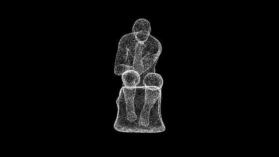 一个思想家的三维雕像在黑色bg上旋转物体溶解白色闪烁粒子60FPS商业广告背景科学用于标题文本演示三维动画
