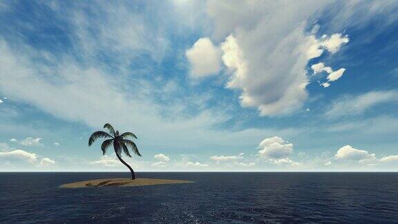 大海中央的小岛上有一棵棕榈树天空很美