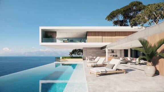 豪华现代住宅的外观豪华别墅带无边泳池
