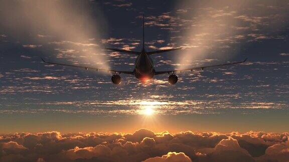 客机在日落时分飞行