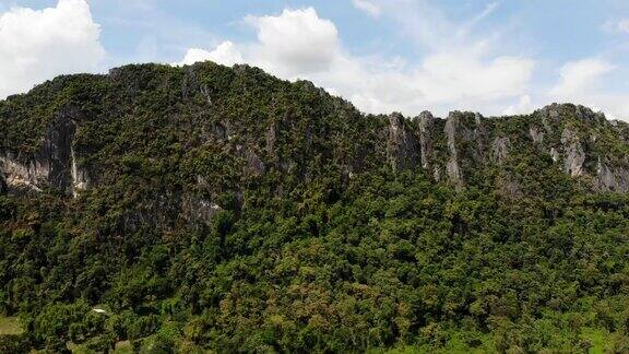 穿过泰国的绿色森林和乡村无人机俯视图航拍照片