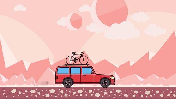 动画红色越野车与自行车在车顶后备箱通过粉红色的山区沙漠背景在外星背景下移动的小货车平面动画