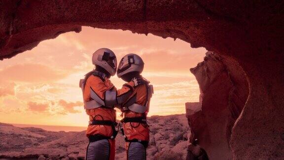 两名宇航员在红色星球火星上浪漫地拥抱