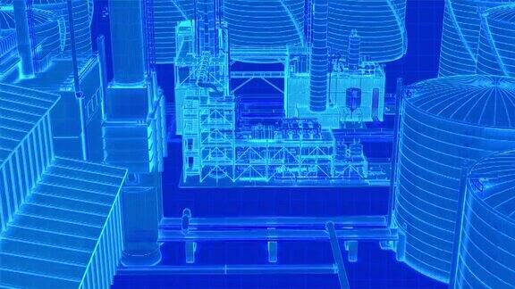 高镜头缩放到蓝色数字未来主义光辉光线框在炼油厂建筑3D渲染镜头