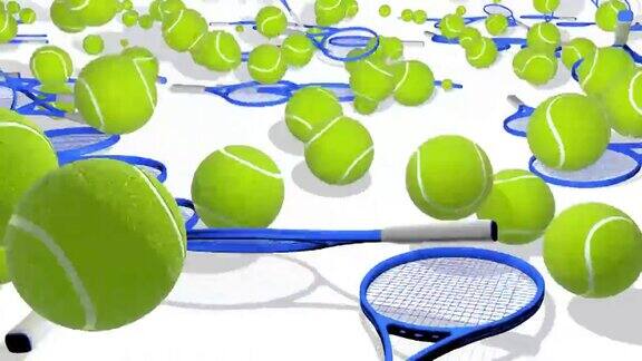 网球和网球拍落在地上弹跳的3D动画