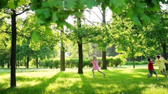 三个快乐的孩子在夏天公园的草坪上玩捉人游戏活泼的孩子们开心地奔跑着互相抓住对方锁定的慢镜头