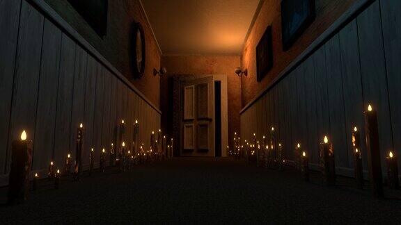 一扇门在黑暗的令人毛骨悚然的走廊里慢慢打开里面是一个幽灵3d4K动画
