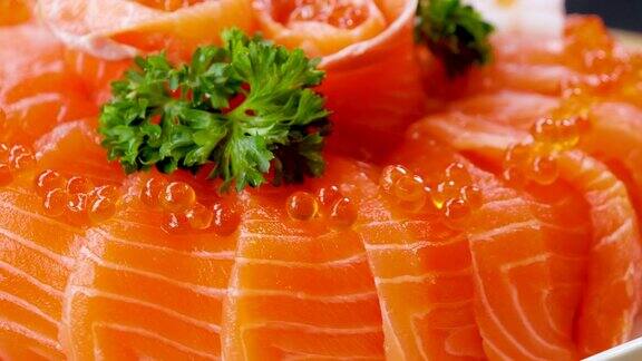 日本食物刺身鲑鱼的特写