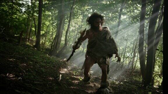 原始穴居人的肖像穿兽皮和毛皮狩猎与石尖矛在史前森林原始的尼安德特人猎人准备在丛林中投掷矛