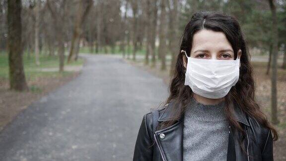 在疫情中一名年轻女性戴着医用防护口罩本空间
