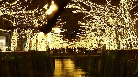 日本东京中目黑运河美丽的圣诞彩灯人群四处走动庆祝