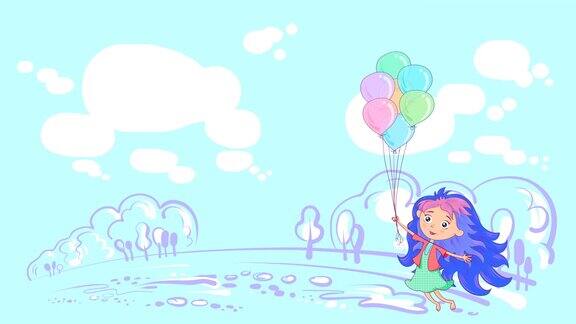 一个蓝头发的女孩在热气球上飞行