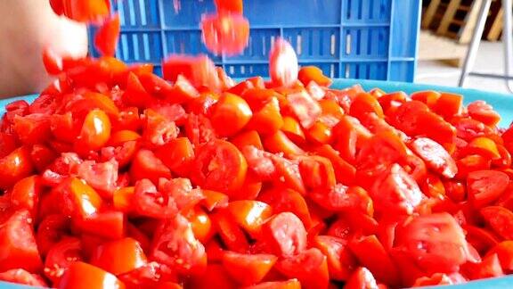 传统番茄酱制作:将番茄片放入大盆中