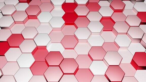 背景的红色和白色抽象金属六边形移动在不同的方向3d渲染移动网格的六边形与光和阴影几何曲面环
