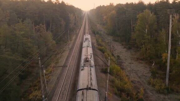 一列货运火车正高速穿过树林鸟瞰图