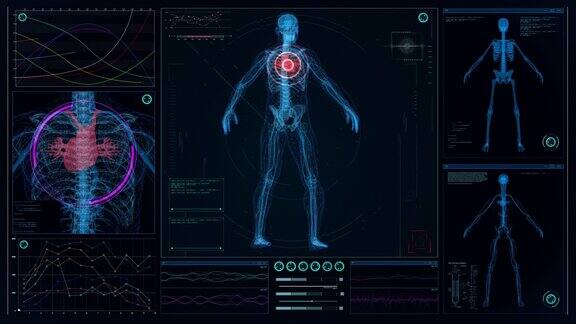 HUD界面与人体模型扫描虚拟病人的受伤情况心脏病