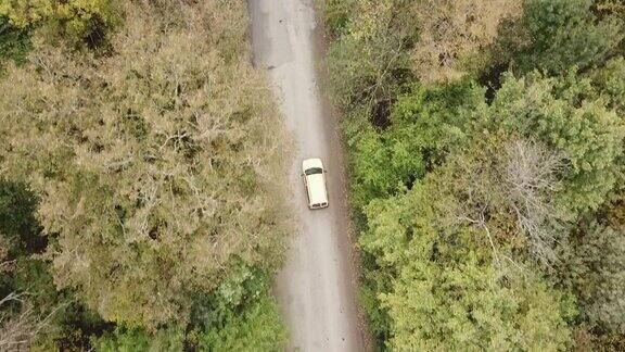 空中俯瞰4k白色汽车行驶在森林的乡村道路在黄昏时分无人机在松树林的砾石路上飞行