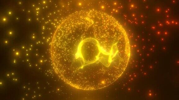 抽象的圆形黄橙色球体光明亮发光的能量射线和魔法波从粒子和点抽象的背景4k视频运动设计